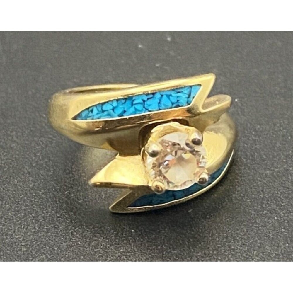 Vtg 'Ring 92 SW CZ Solitaire Yellow Gold Plated Wrap Crushed Turquoise Size 5.5 - Picture 1 of 14